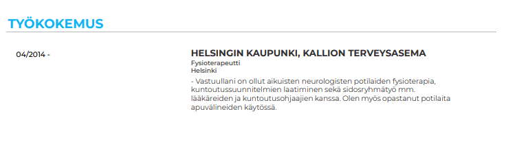 Esimerkki fysioterapeutin työkokemuksesta CV:ssä