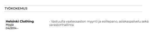 Esimerkki myyjän työkokemuksesta CV:ssä