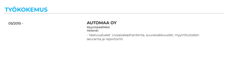 Esimerkki myyntipäällikön työkokemuksesta CV:ssä