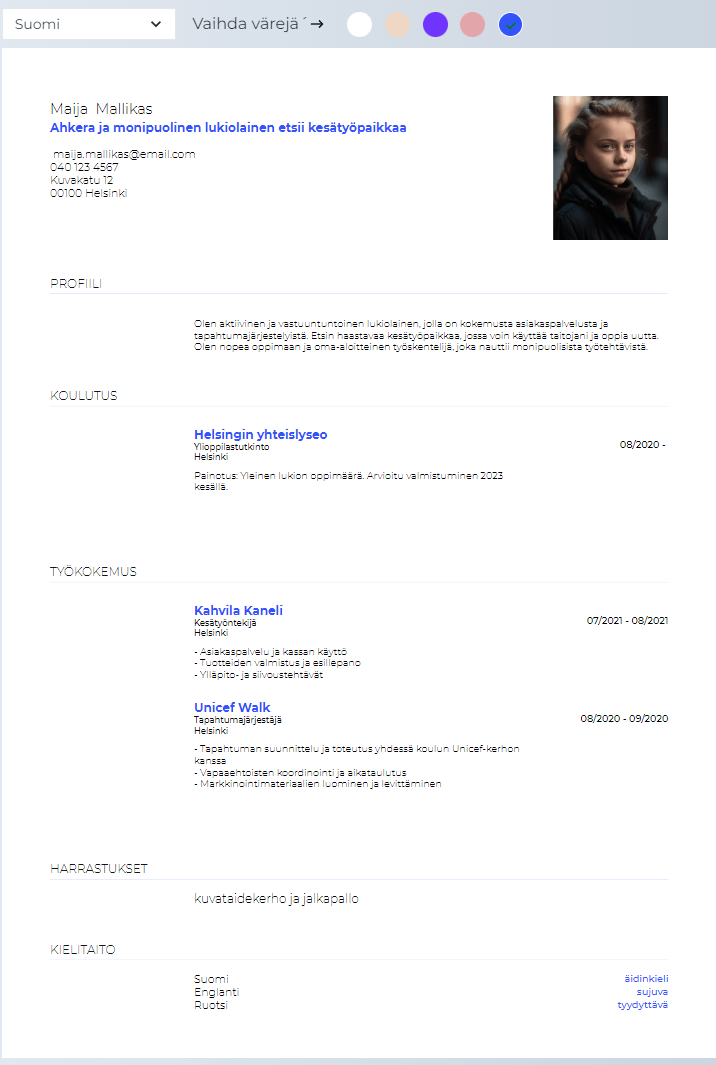 Cv koneellamme voit vaihtaa cv mallien värejä